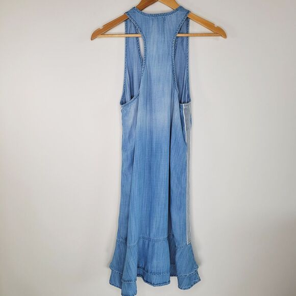 BELLA DAHL Blue Chambray Dress Size L Side-Stripe Racerback Flounce V-Neck - Picture 6 of 15
